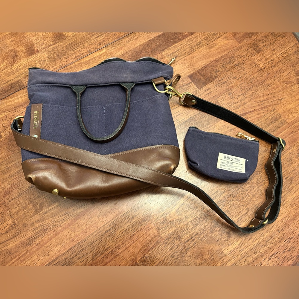 R. Riveter Otto Navy Blue Carry All Canvas Leather Tote Crossbody and Coin Purse